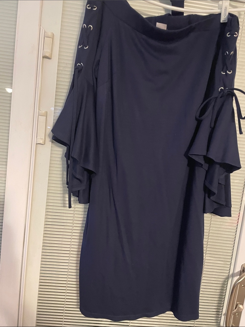 VENUS Navy Off-the-Shoulder Ruffle Sleeve Dress with Lace-Up Detail